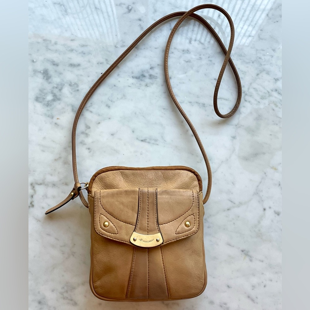 B. Makowsky leather crossbody bag, brass hardware, pockets, leopard lining, S